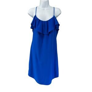Britt Ryan 100% Silk Saphire Blue Mini Shift Dress Ruffle Top Spaghetti Strap XS